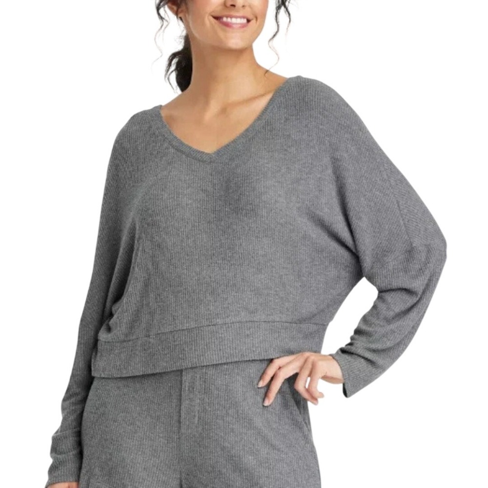 Auden Women's Gray Ribbed Knit V-Neck Long Sleeve Sleepwear‎ Top Size XL